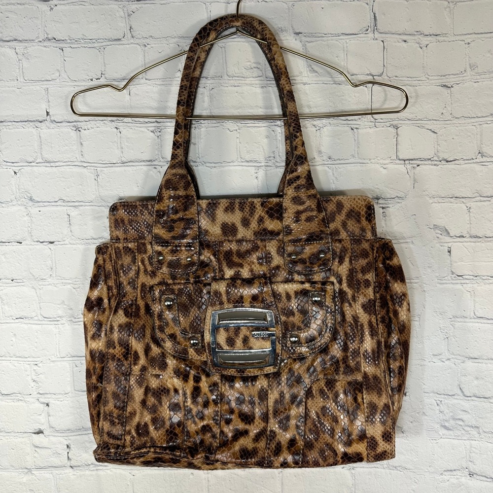 Guess Animal Print Shoulder Bag Leopard Snakeskin Embossed Silver G Logo Tote